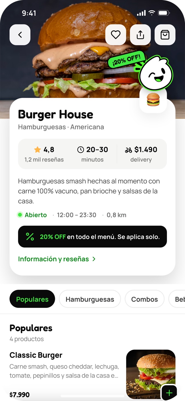 Pantalla de un local en la app Altoki con su menú