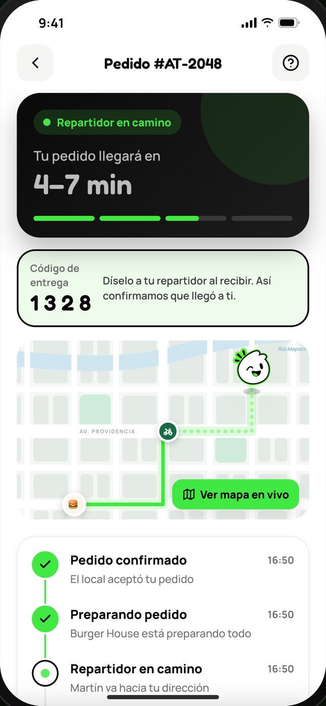 Pantalla de seguimiento en vivo del pedido en el mapa